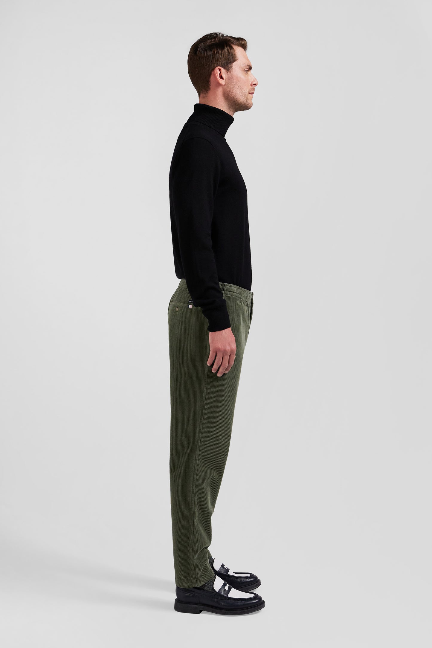 Modern khaki stretch cotton elastic waist trousers