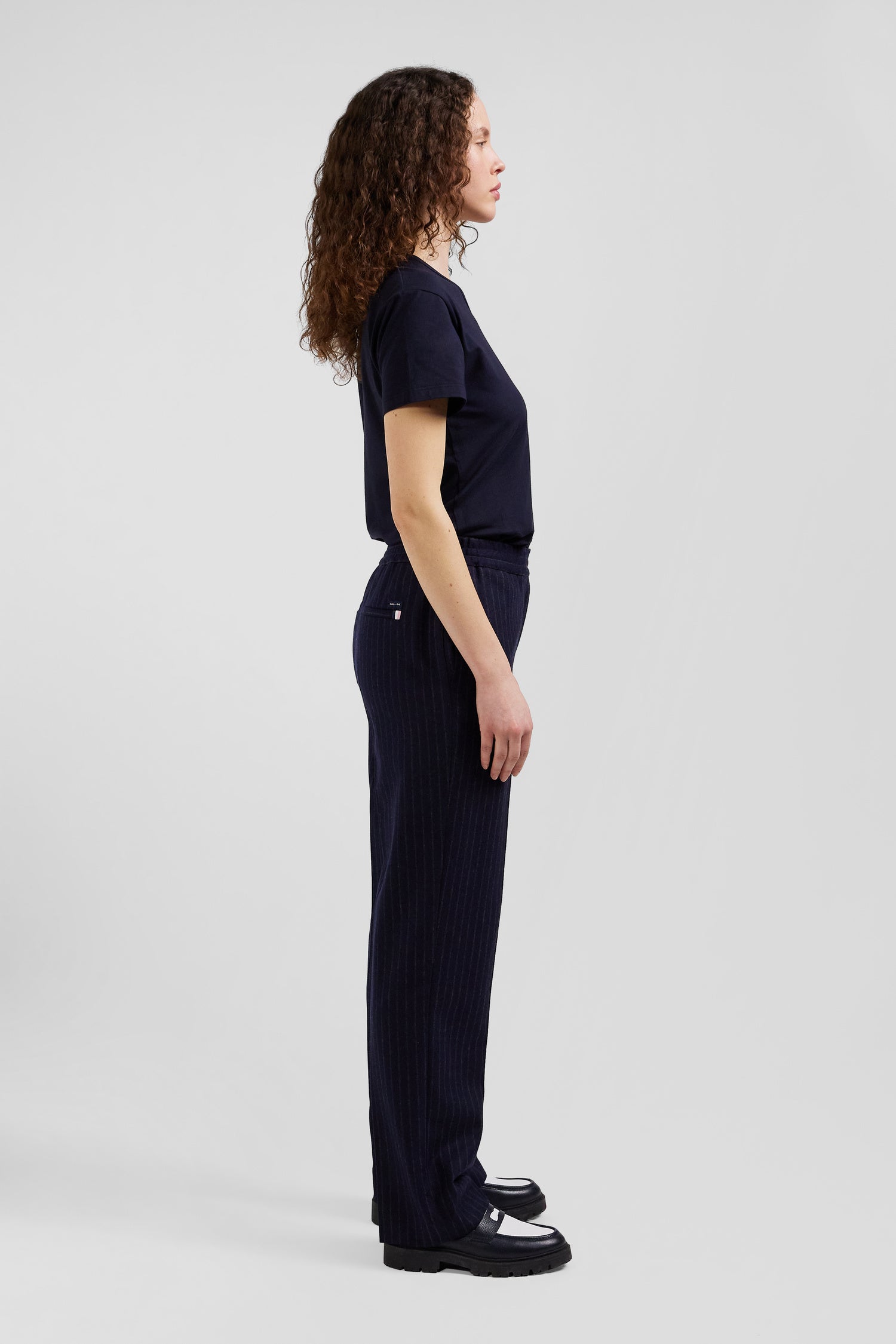 Modern navy blue striped wool trousers