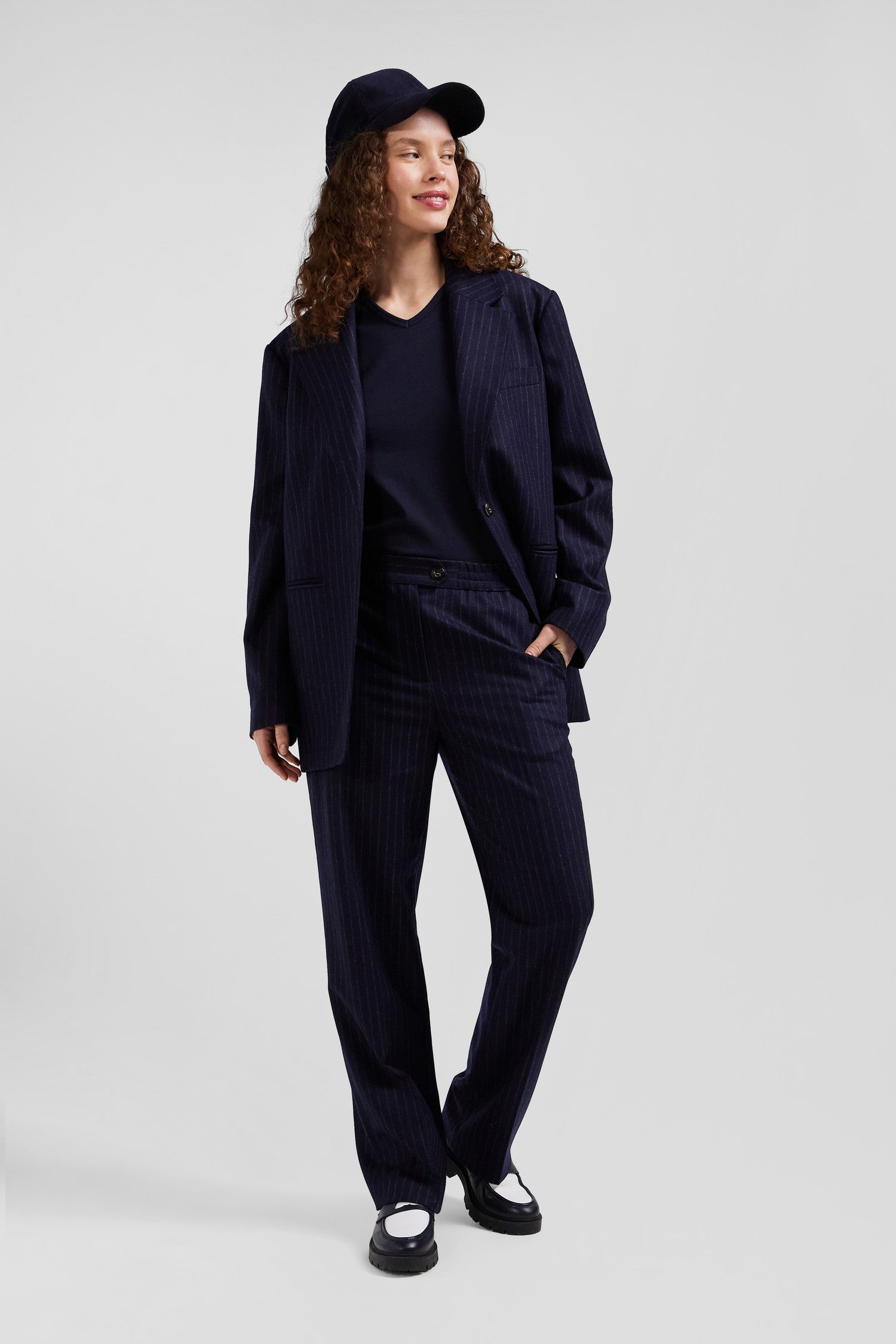 Modern navy blue striped wool trousers