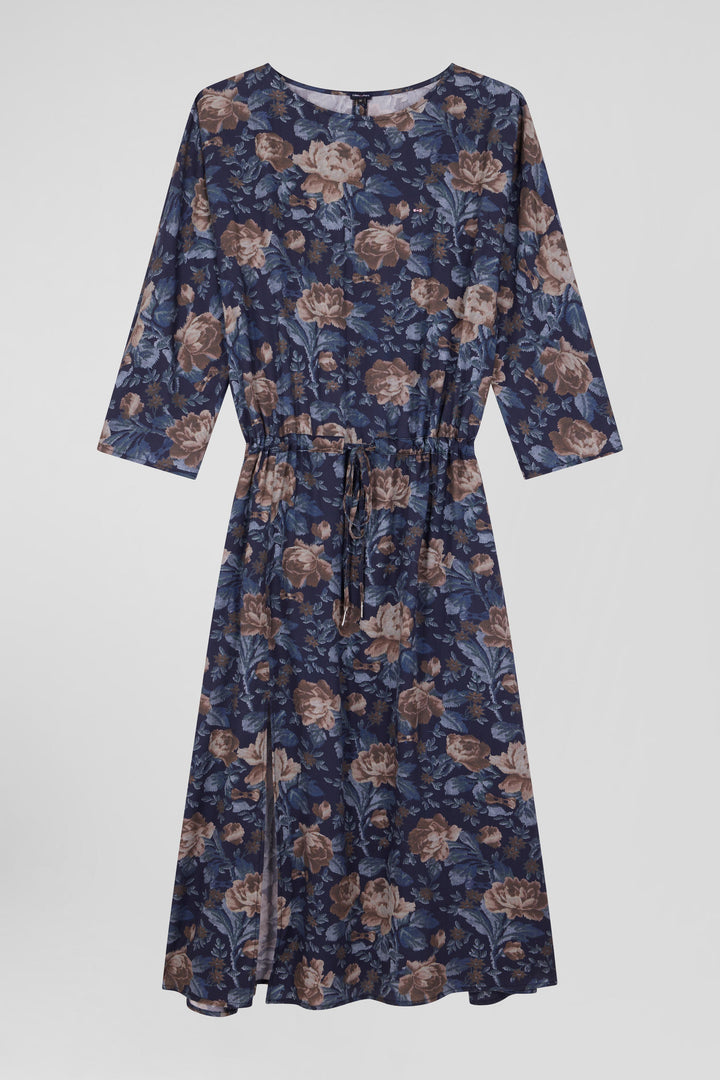 Navy blue lyocell floral dress with long sleeves