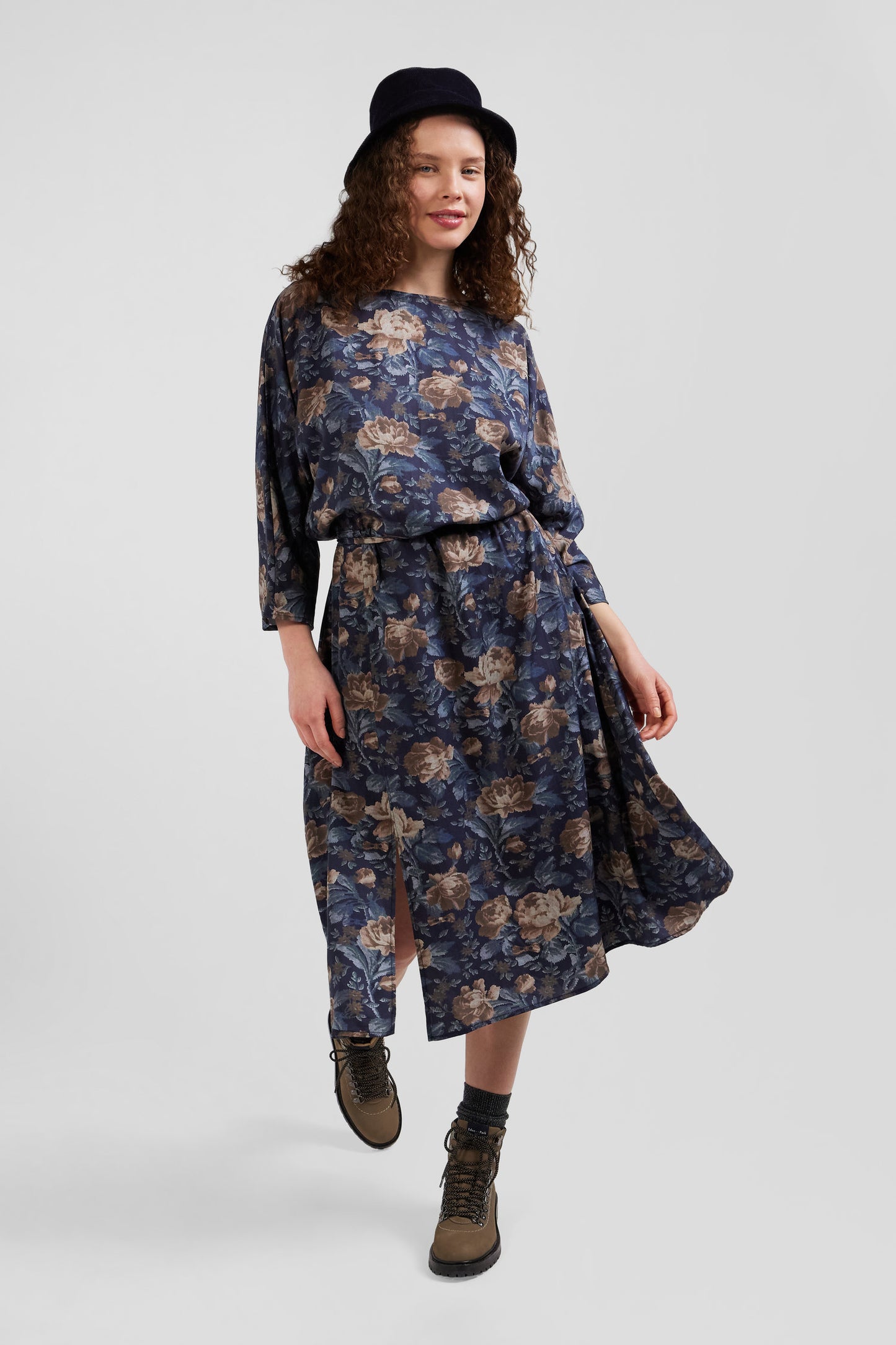 Navy blue lyocell floral dress with long sleeves