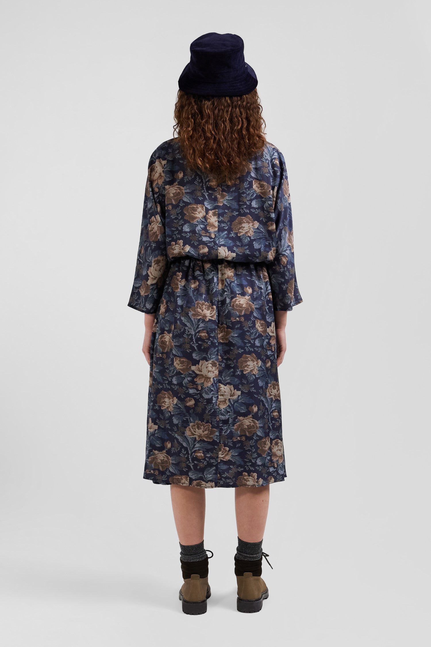 Navy blue lyocell floral dress with long sleeves