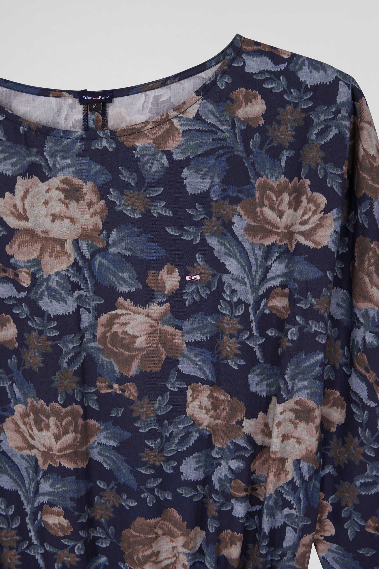 Navy blue lyocell floral dress with long sleeves