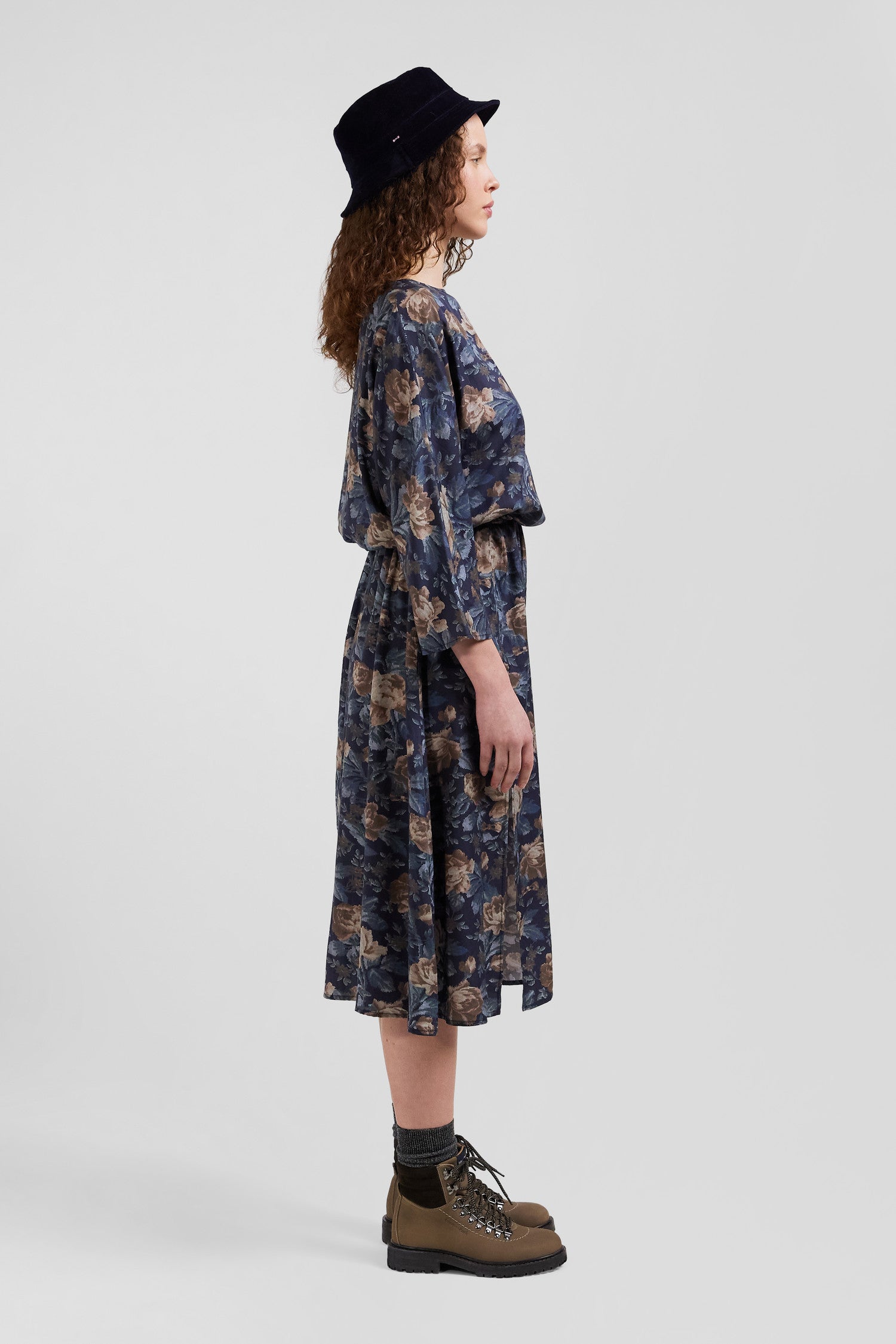 Navy blue lyocell floral dress with long sleeves