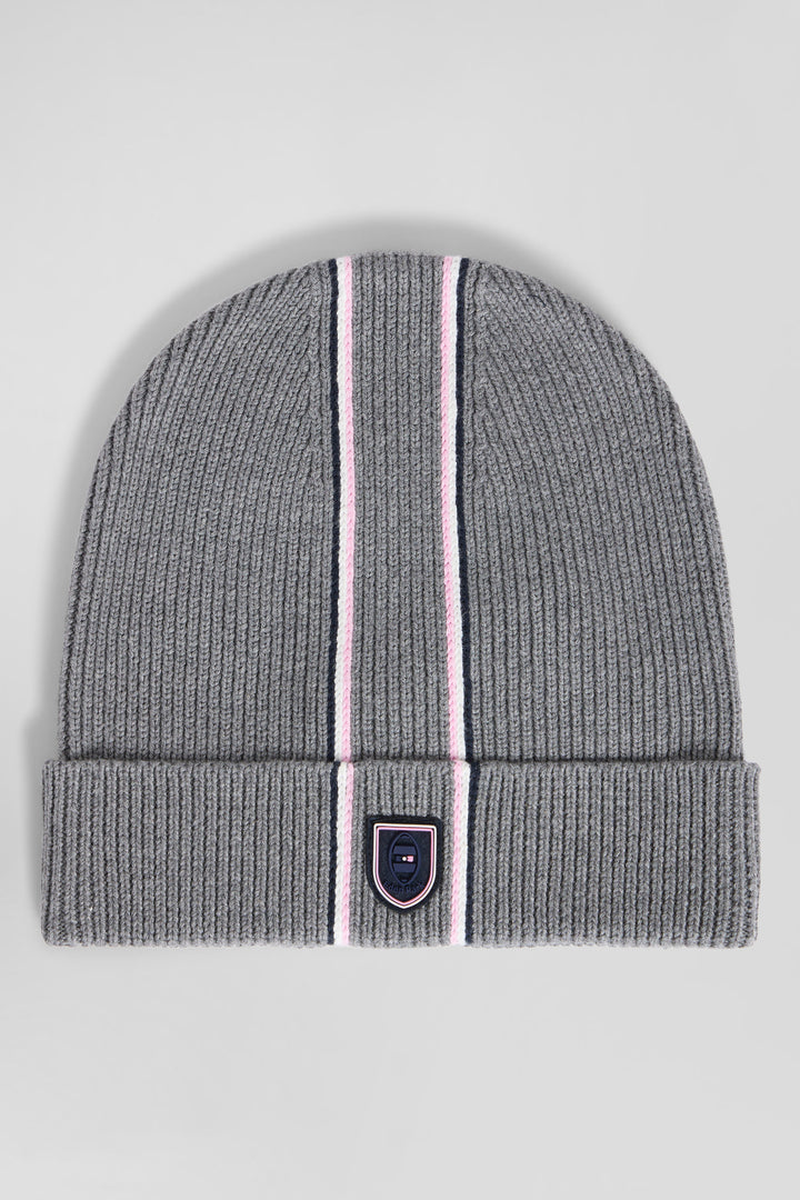 Grey cotton beanie with pink and white stripes