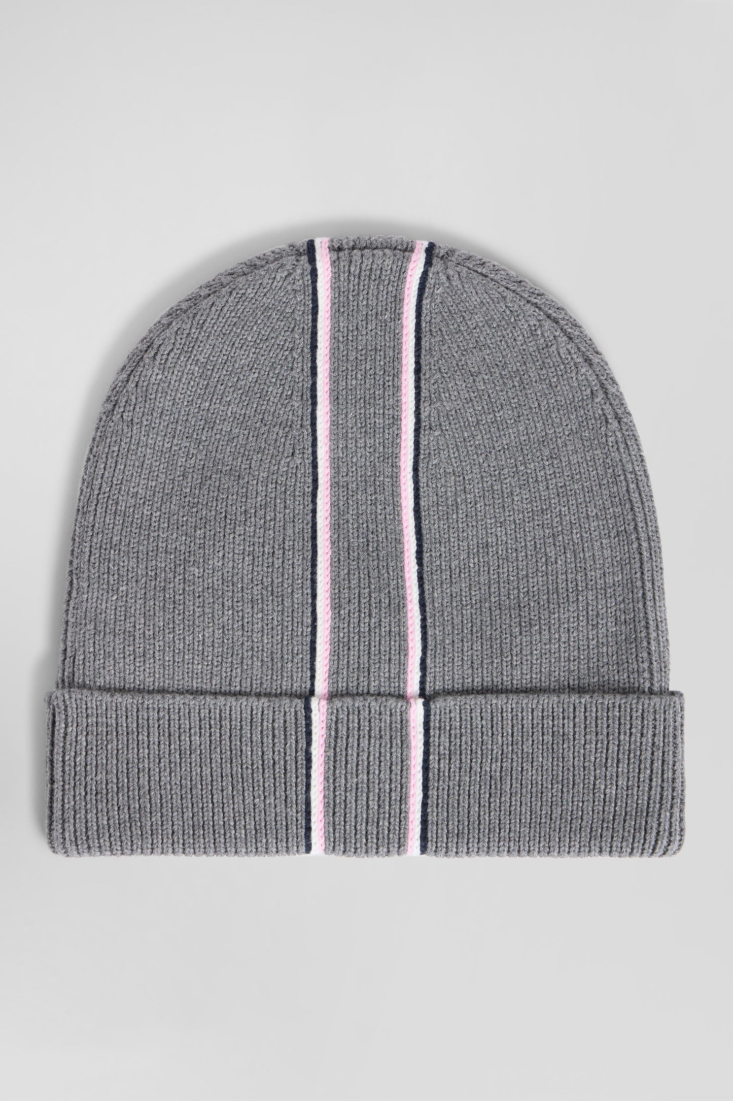 Grey cotton beanie with pink and white stripes