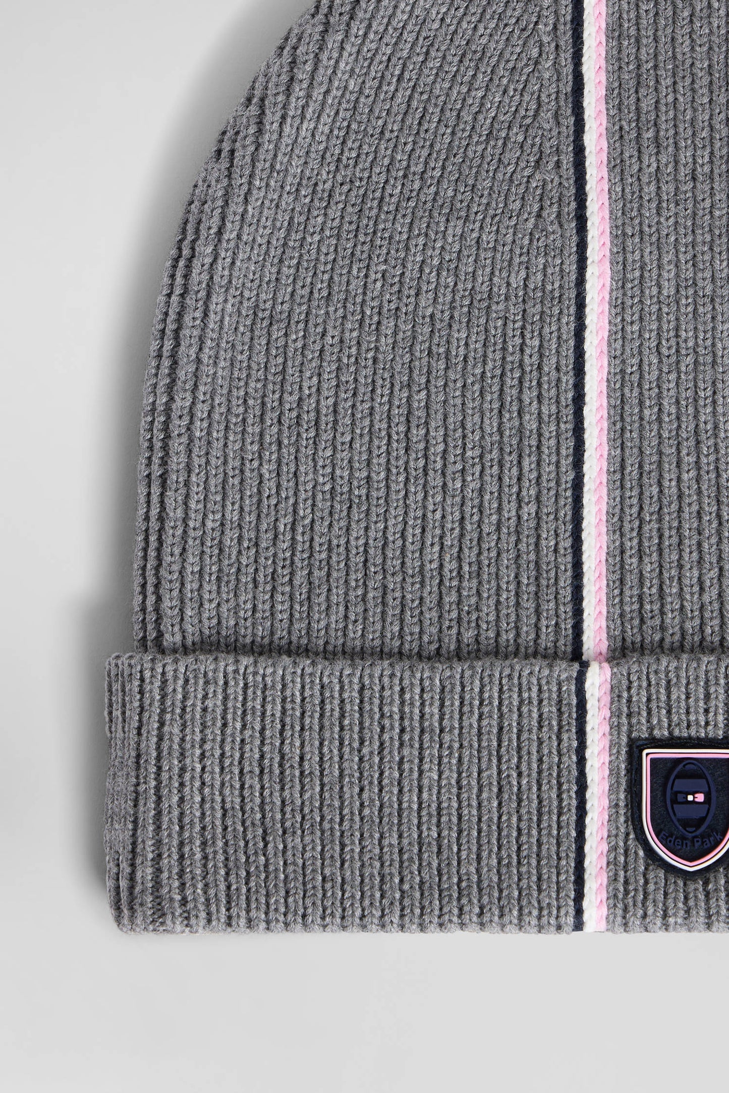 Grey cotton beanie with pink and white stripes