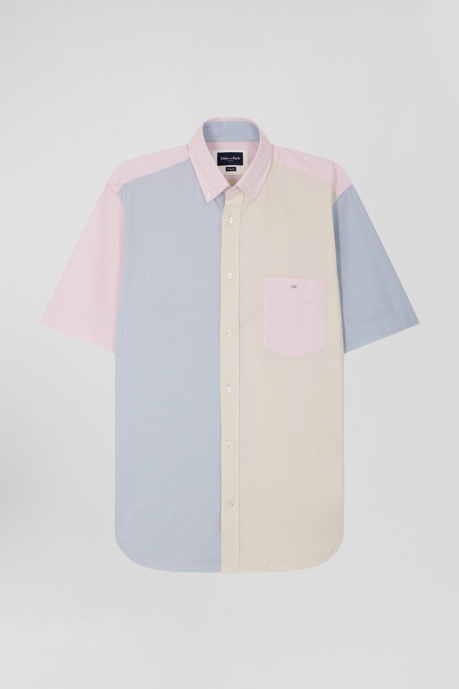 Chemise manches courtes colorblock en coton ciel coupe Regular