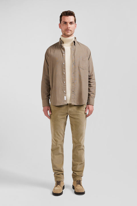 Chemise en velours côtelé uni beige col boutonné et poche poitrine coupe Regular - Image 1