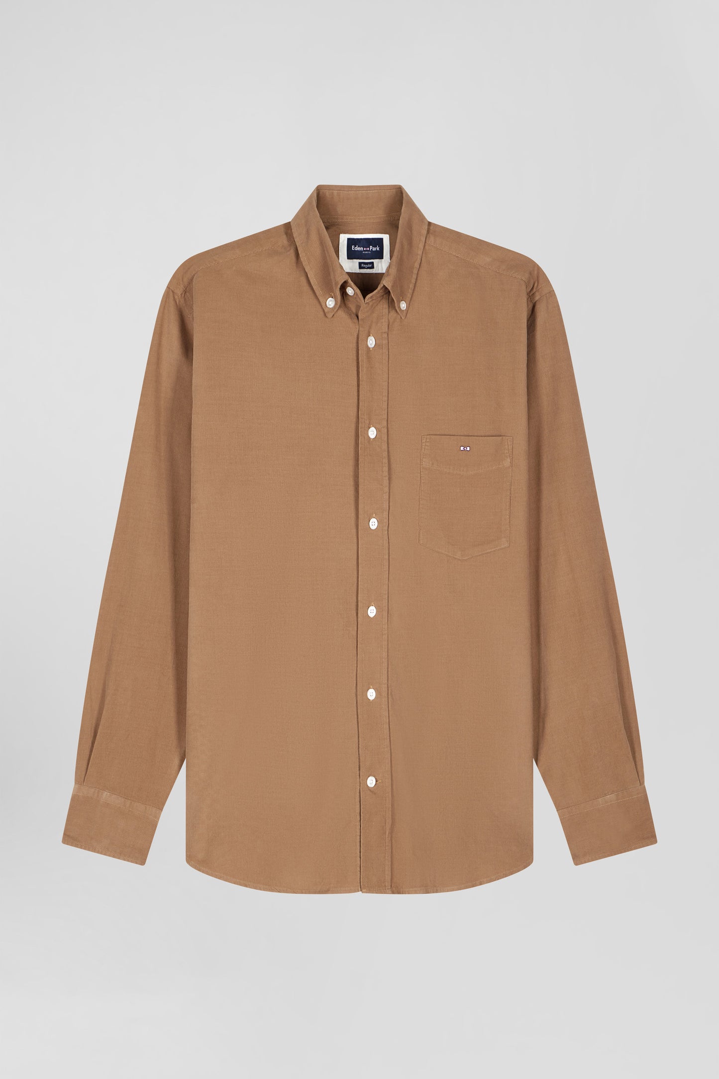 Plain hazelnut corduroy shirt Button-down collar and chest pocket Regular fit