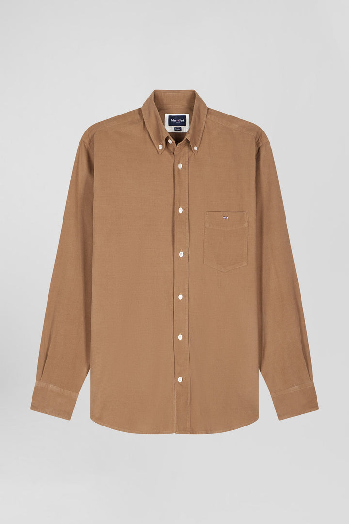 Chemise en coton uni camel col boutonné et poche poitrine coupe Regular alt view