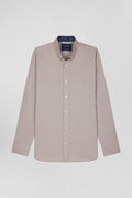 Regular grey cotton poplin shirt with button-down collar and printed elbow patches