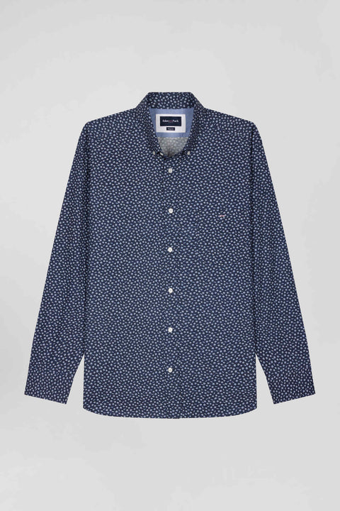 Regular navy cotton poplin shirt with micro floral print - Image 2