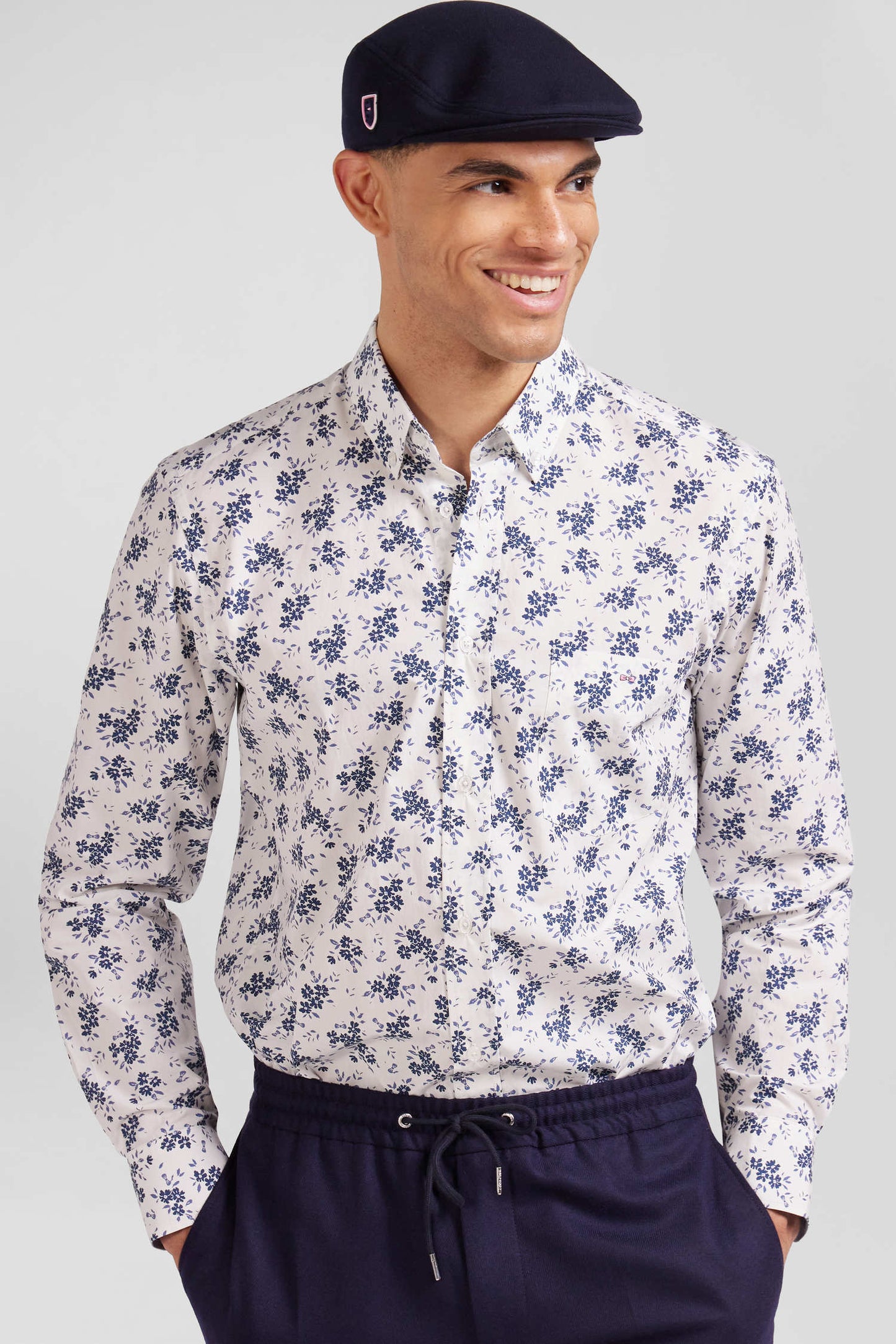 Chemise en popeline de coton écrue imprimé floral marine coupe Regular - Image 3