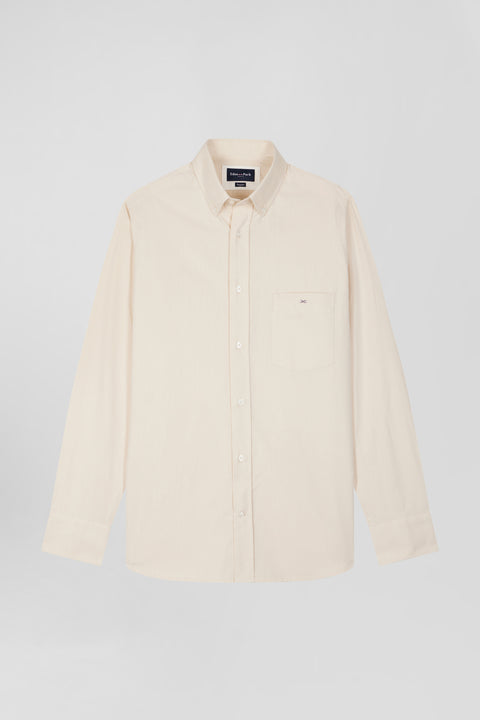 Regular plain beige cotton twill shirt with button-down collar - Image 2