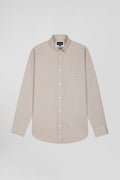 Regular plain brown cotton twill shirt with button-down collar