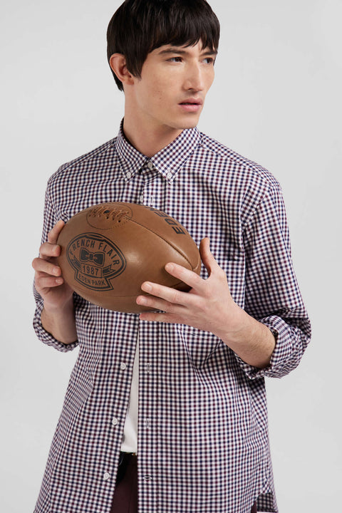 Regular burgundy and white checked cotton poplin shirt - Image 3