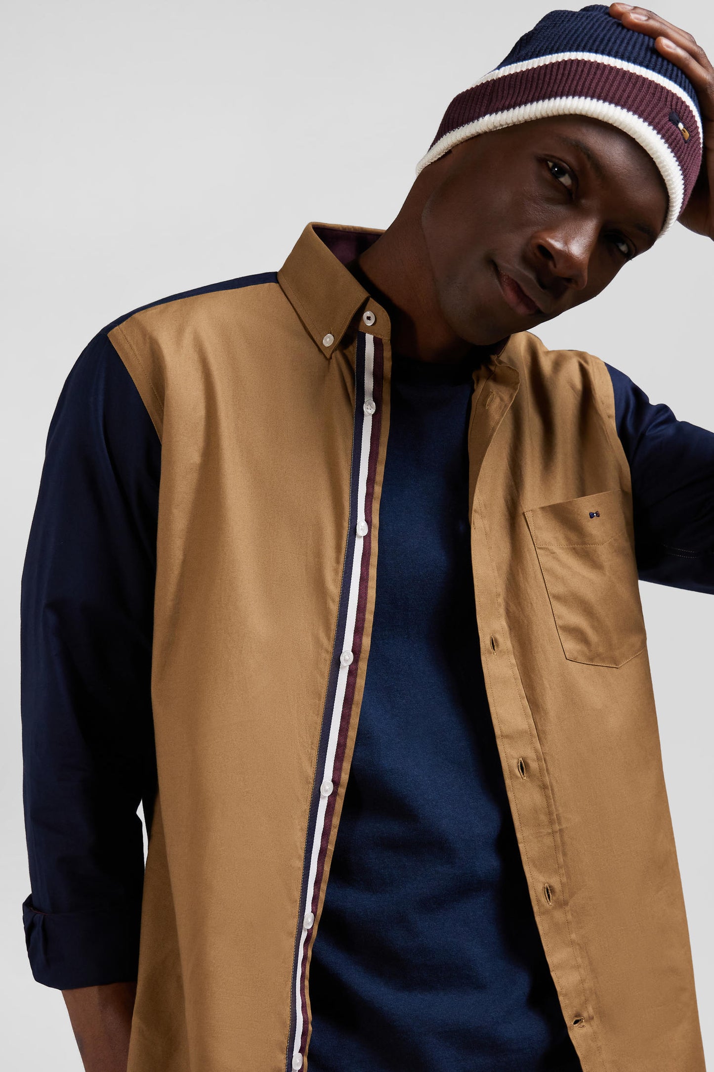 Two-tone cotton shirt pin dot hazelnut regular fit back embroidery