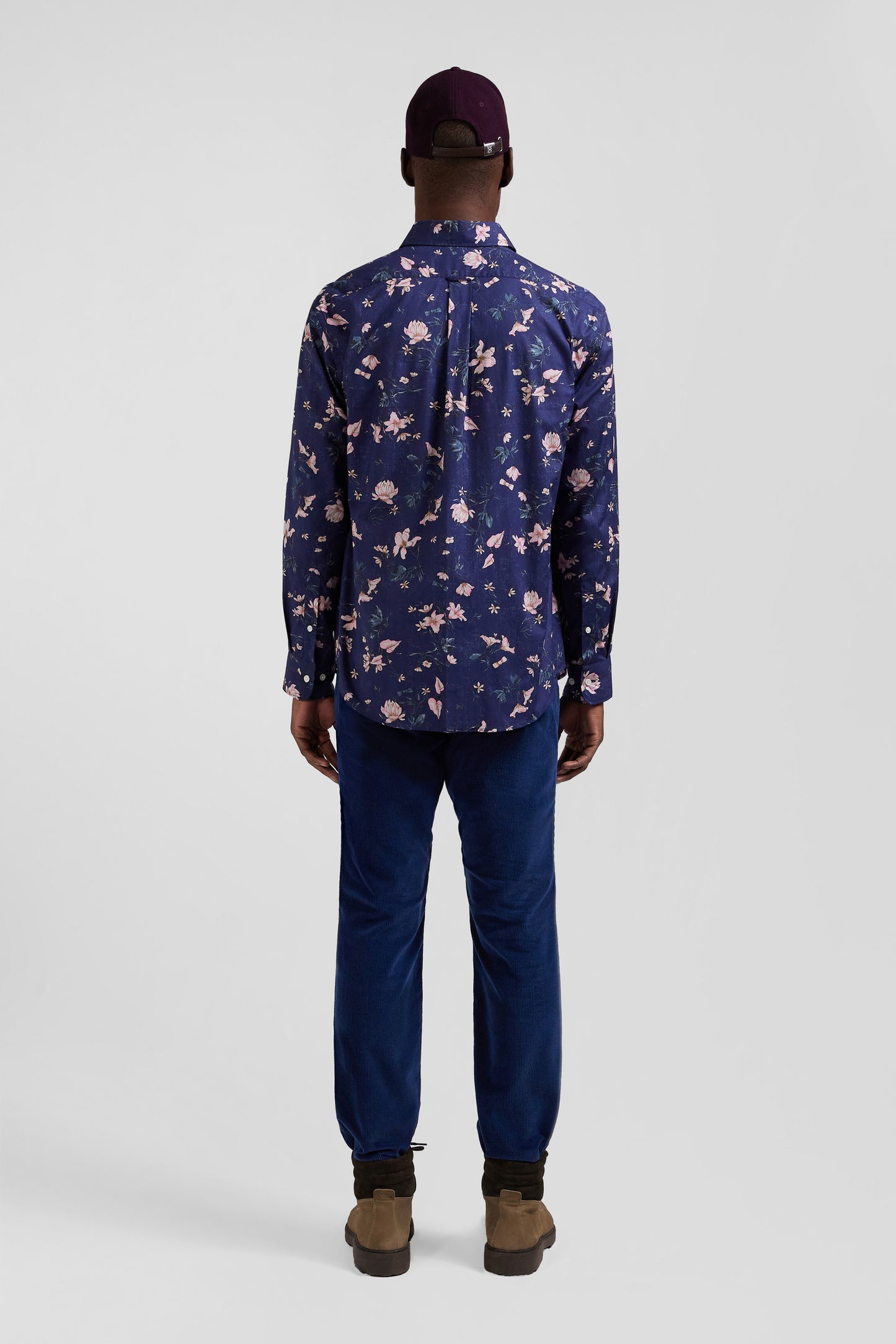 Regular navy Pima cotton poplin shirt with floral print