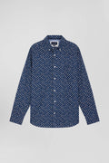 Regular navy cotton poplin shirt with micro floral print