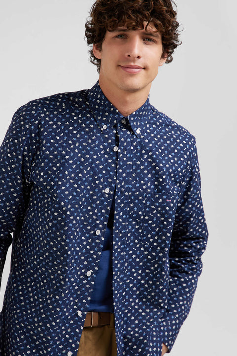 Regular navy cotton poplin shirt with micro floral print - Image 3