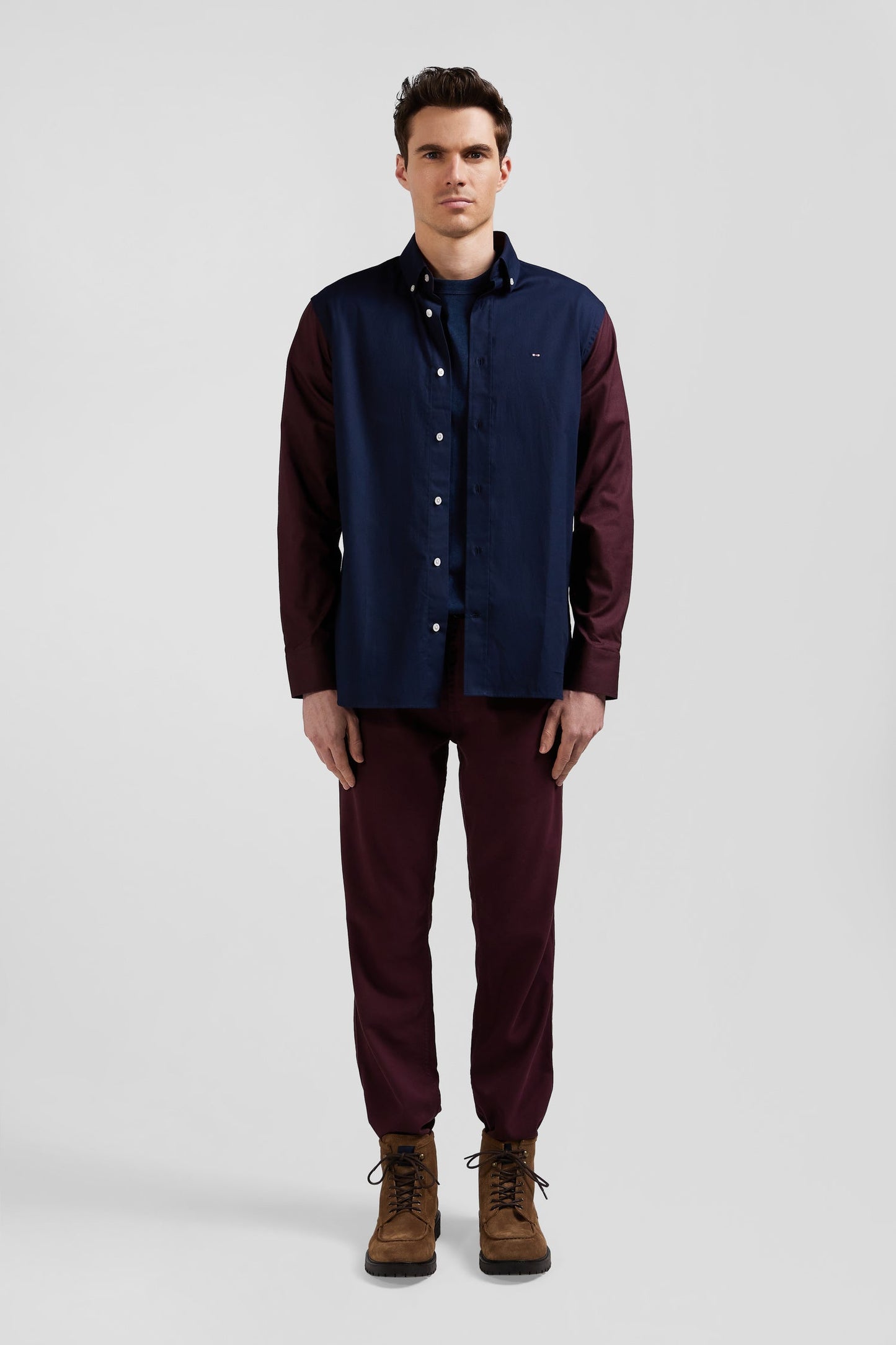 Chemise bicolore en oxford de coton marine et marron brodée coupe Regular - Image 1