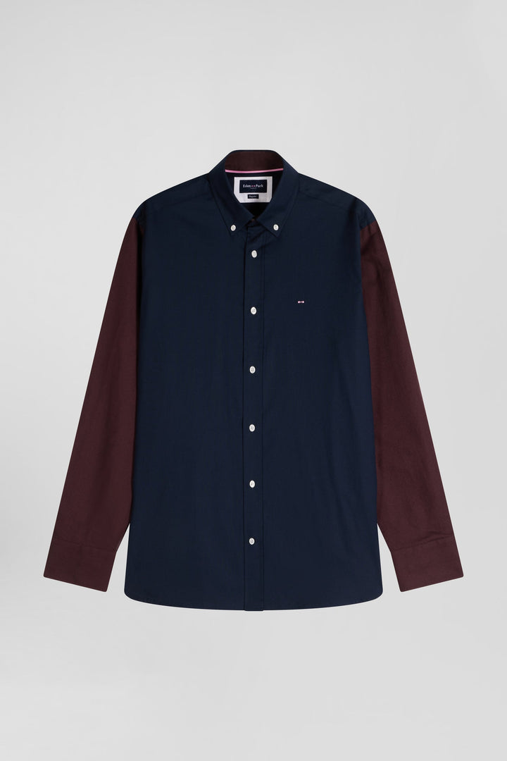 Chemise bicolore en oxford de coton marine et marron brodée coupe Regular alt view