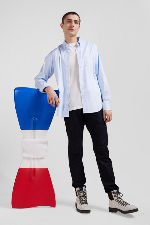 Regular plain sky blue mixed stretch cotton shirt - Image 3