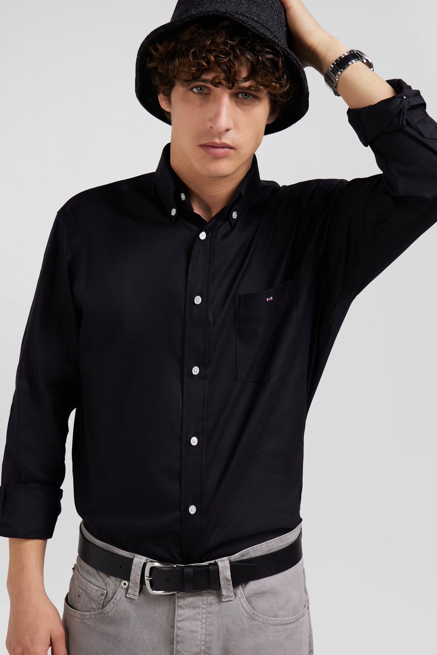 Chemise unie noire en coton stretch mélangé coupe Regular - Image 3