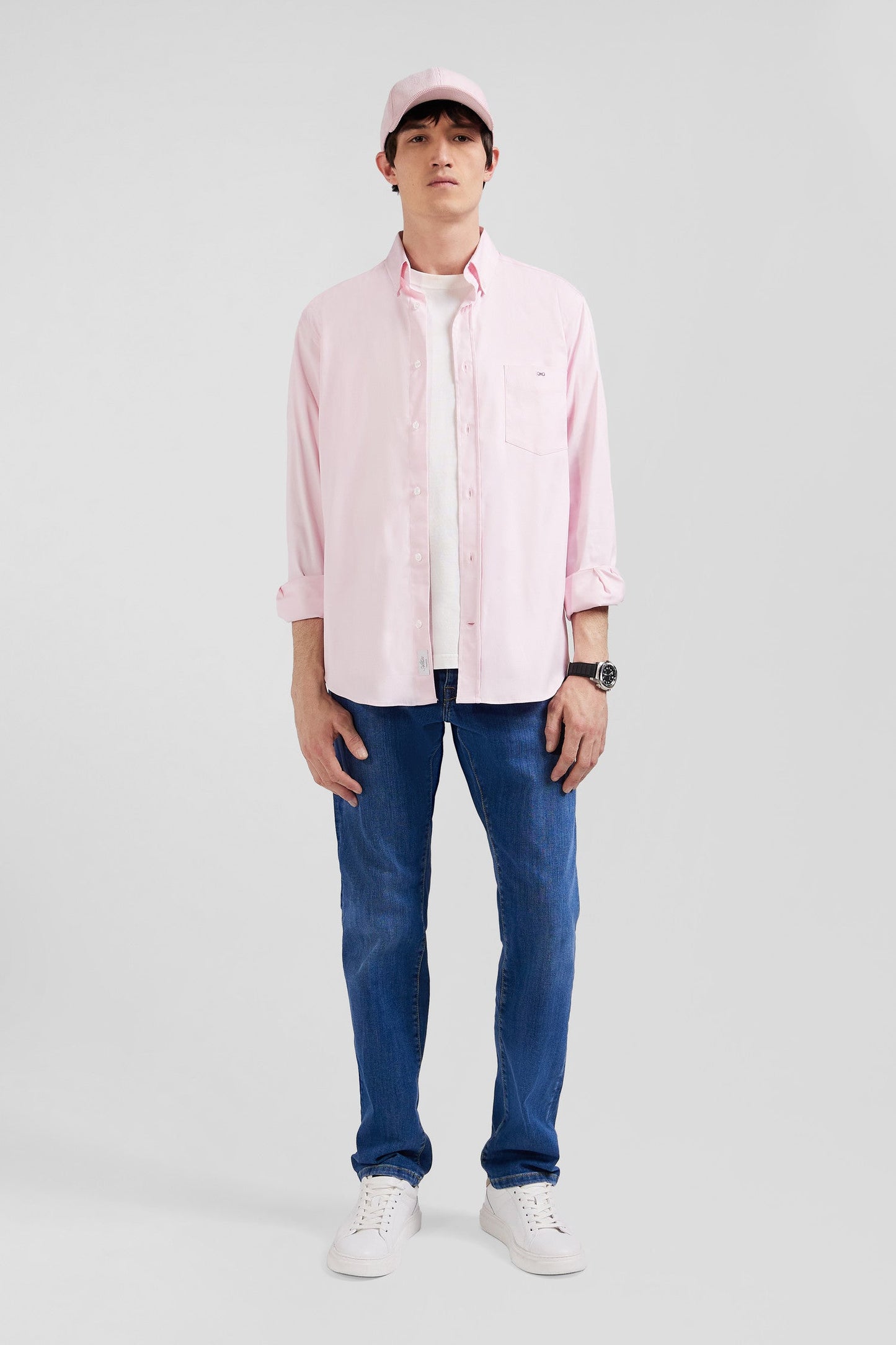 Chemise unie rose en coton stretch mélangé coupe Regular - Image 1