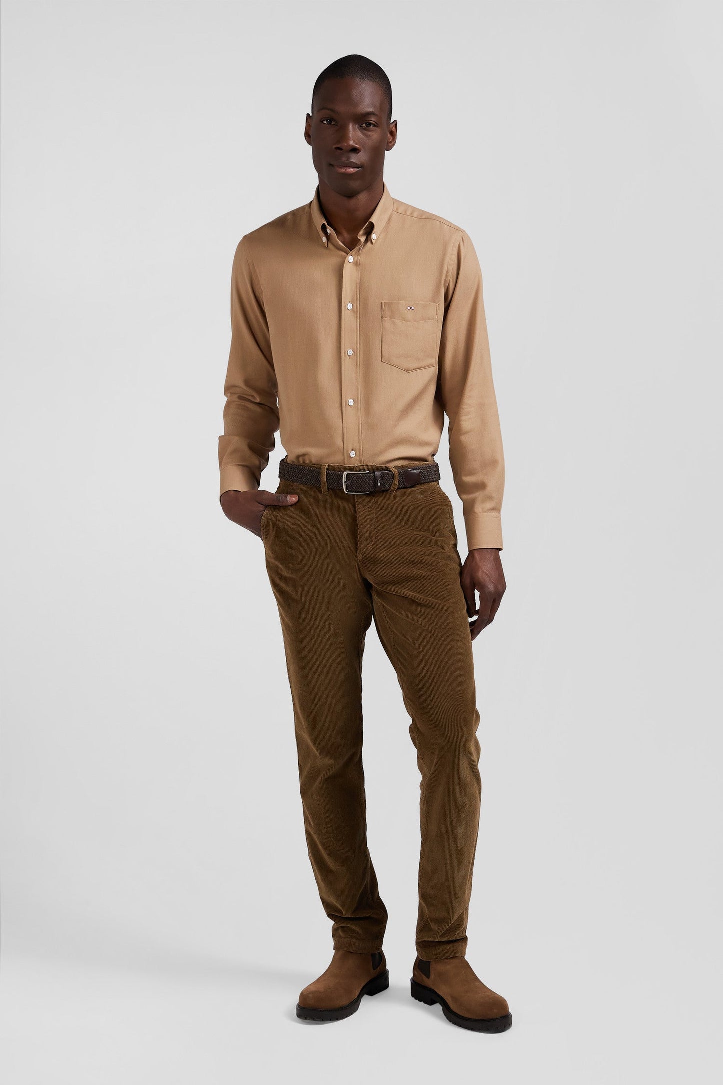 Chemise en twill de coton et cachemire camel coupe Regular - Image 1