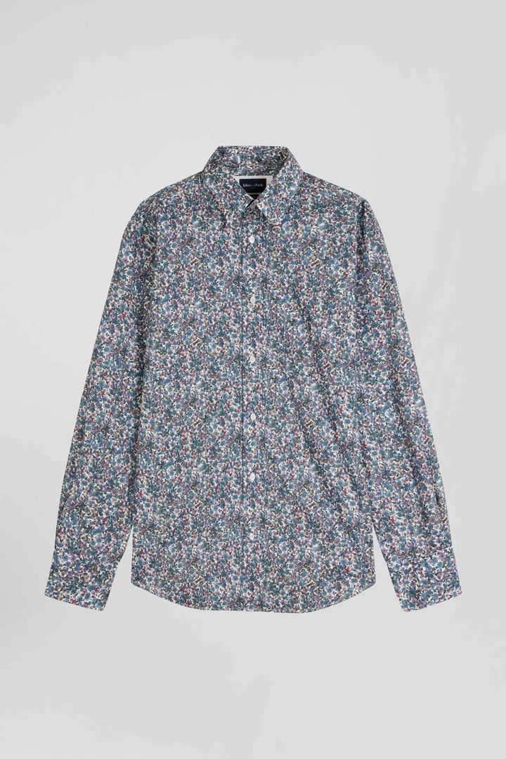 Chemise en popeline de coton bleue à imprimé floral coupe Regular alt view