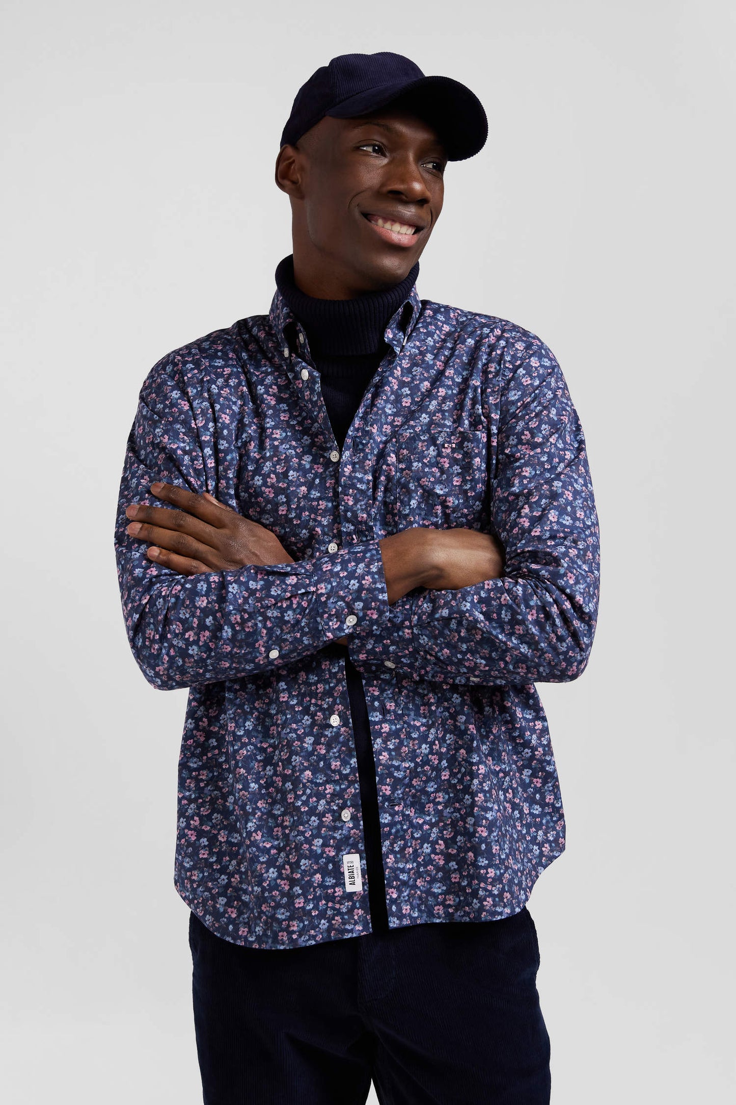 Dark blue microprint cotton shirt Regular fit