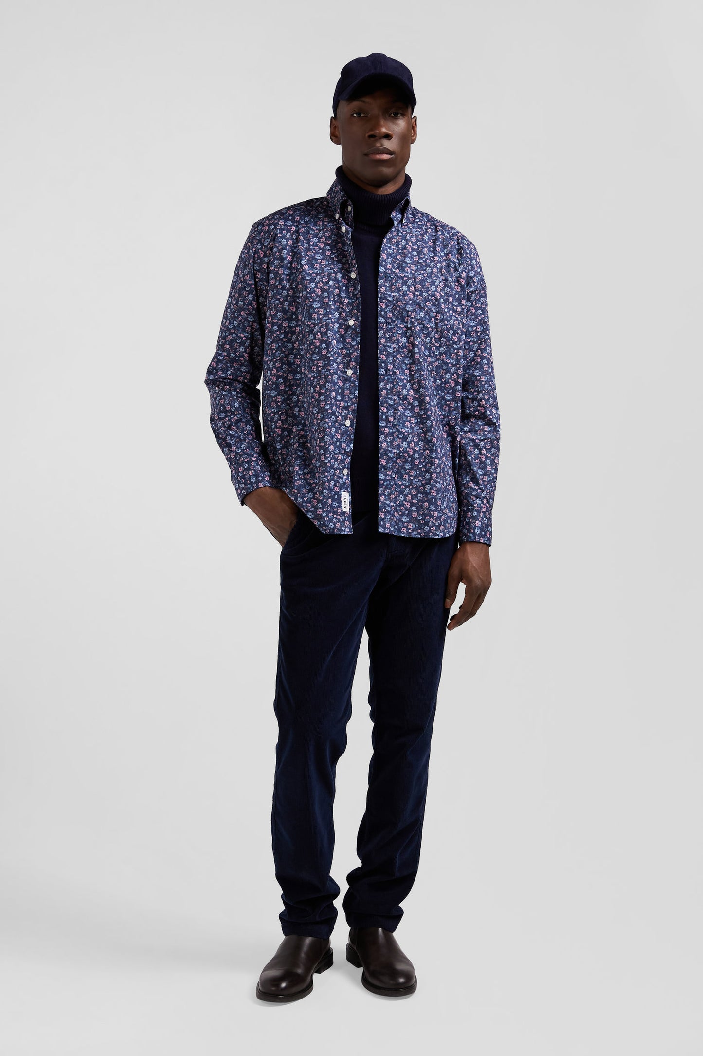 Dark blue microprint cotton shirt Regular fit