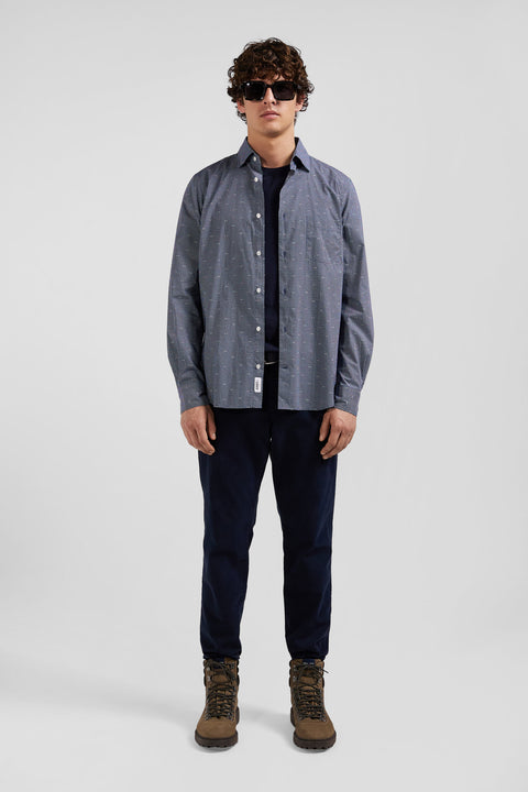 Slim navy blue microprint cotton shirt - Image 1