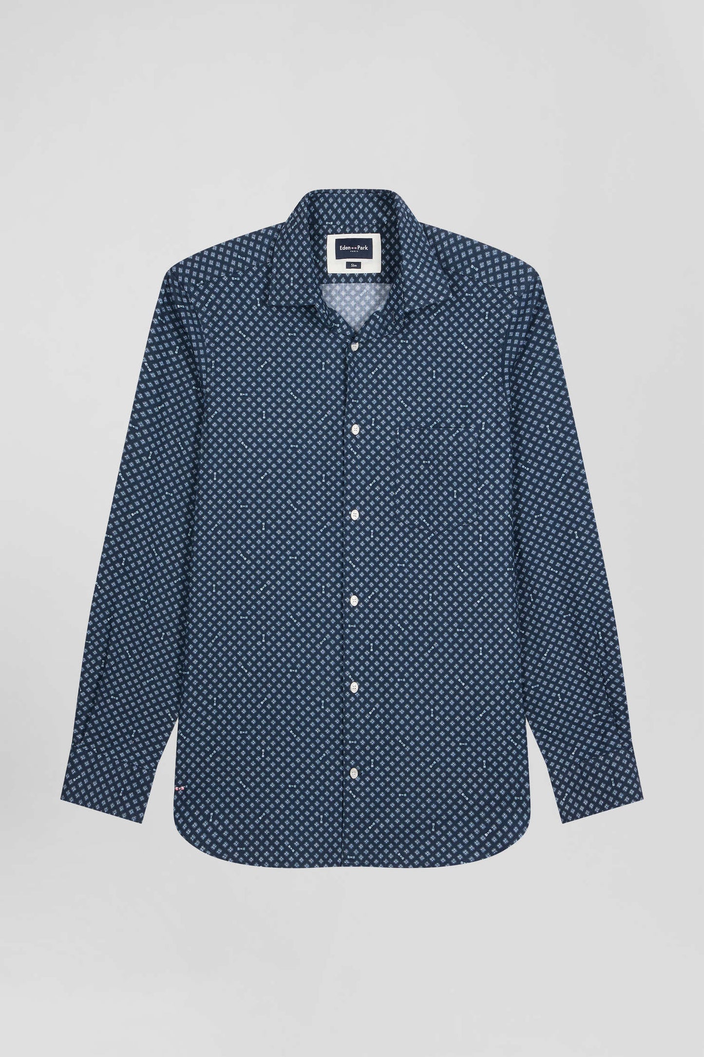 Slim fit shirt in indigo cotton poplin with graphic print