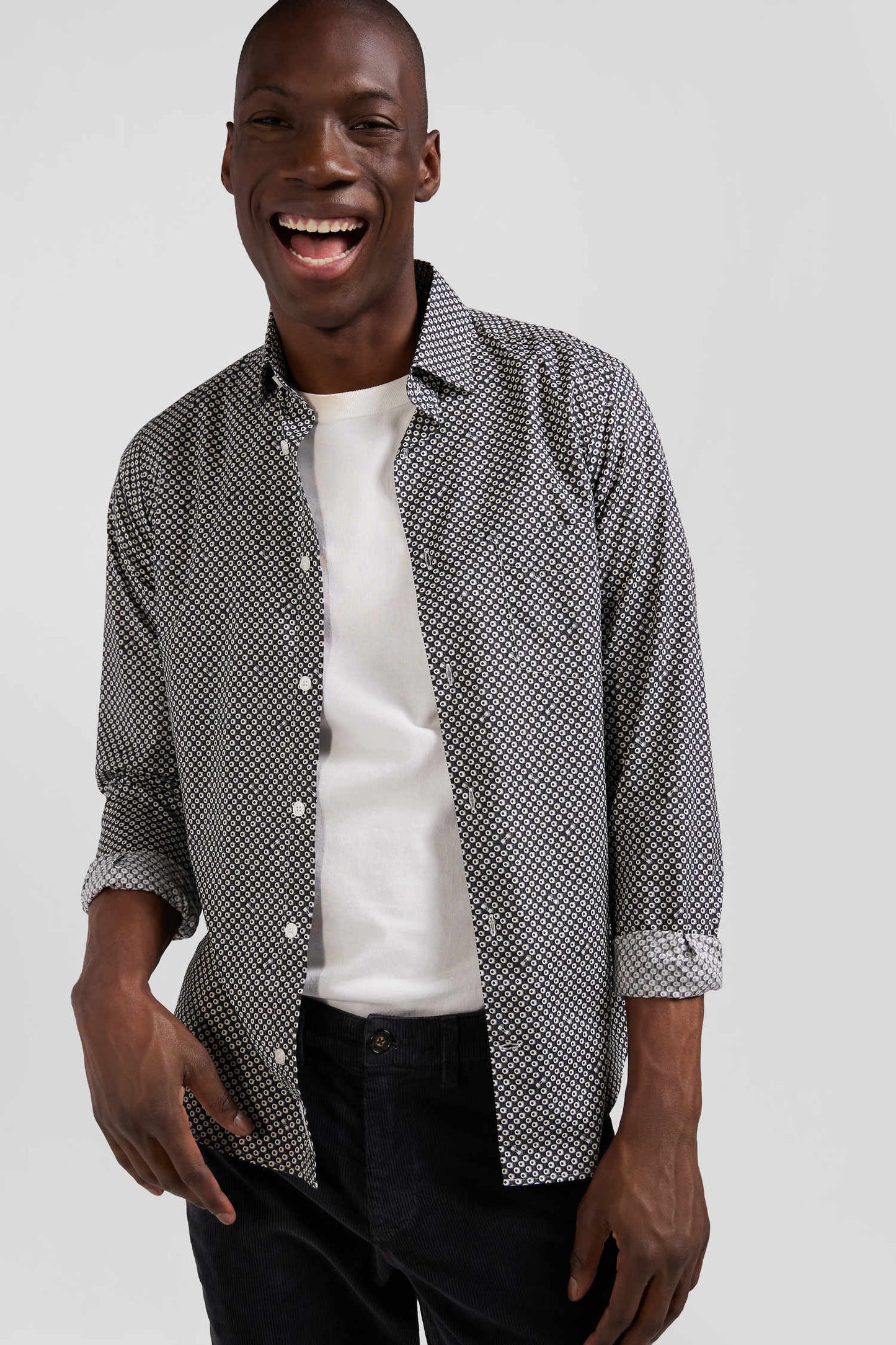 Slim fit grey cotton poplin shirt with graphic print