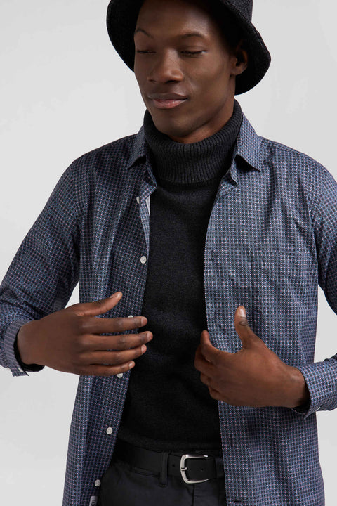 Slim navy blue micro checked cotton shirt - Image 3