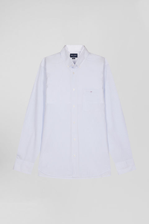 Regular sky blue cotton jacquard shirt with baton stripes - Image 2