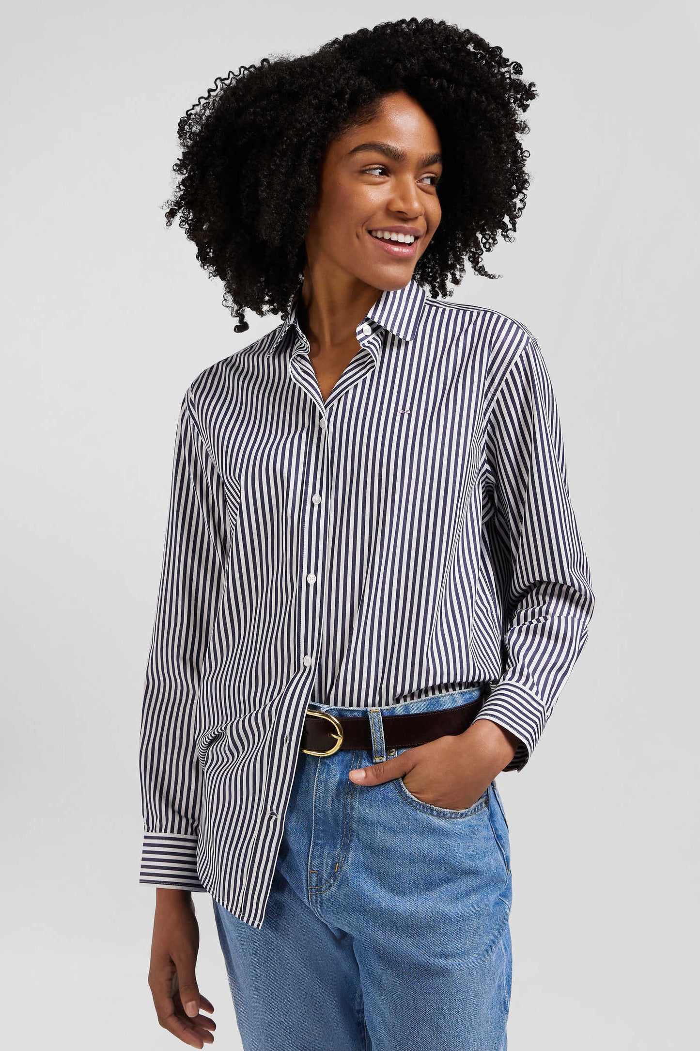 Relaxed navy blue striped cotton shirt