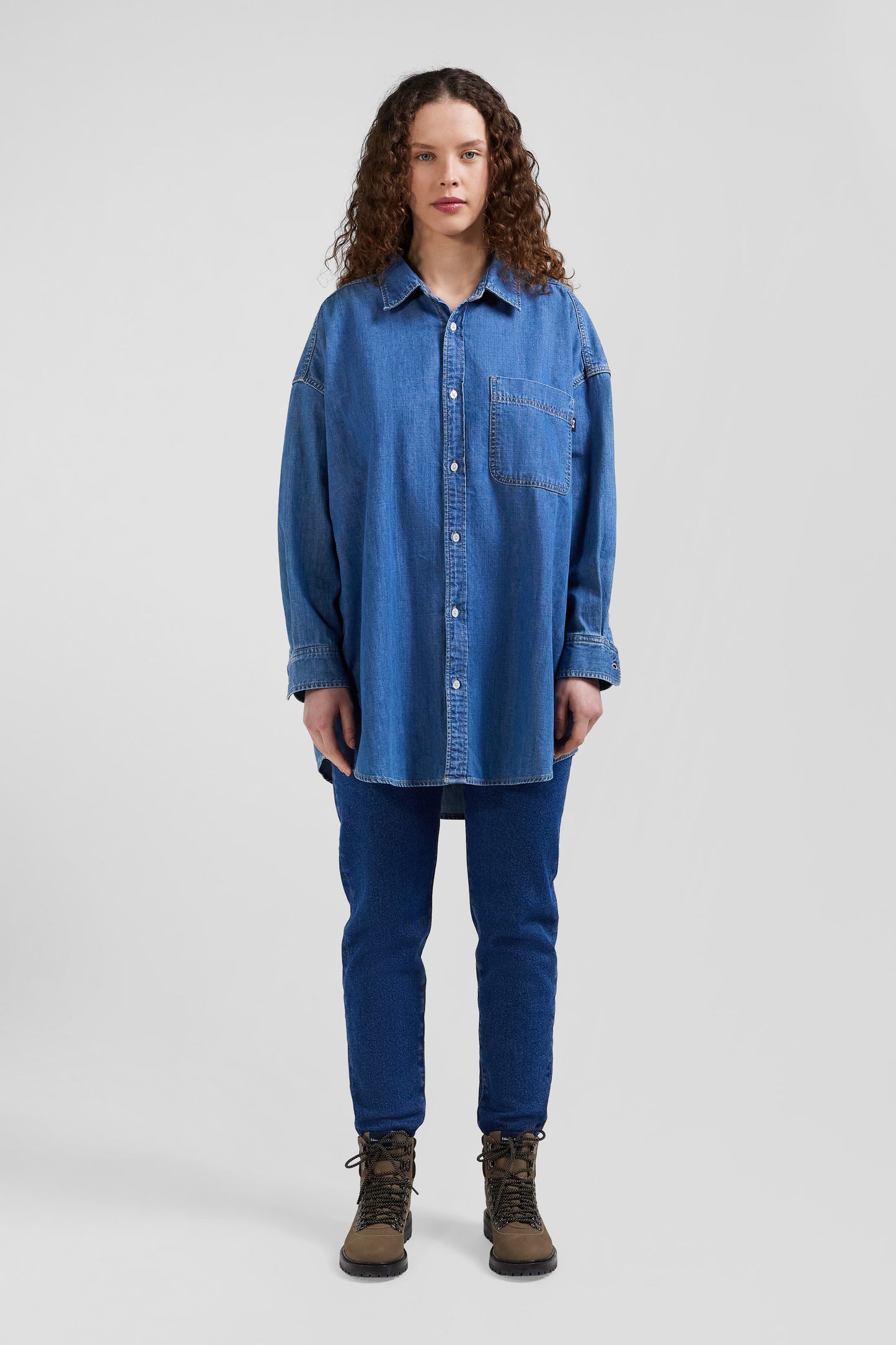 Oversize sky blue cotton shirt with patch pocket