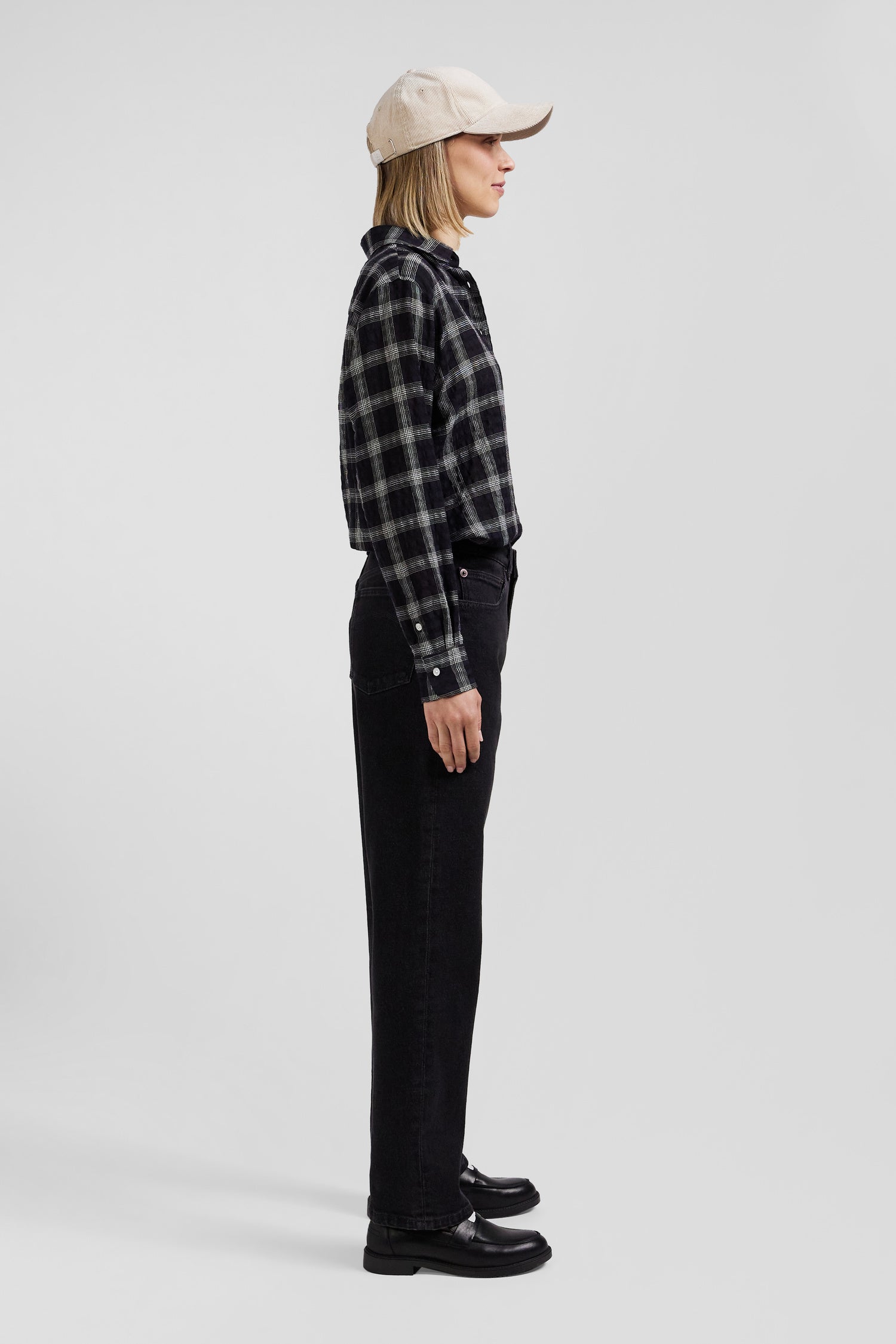 Relax black checked wool and cotton shirt