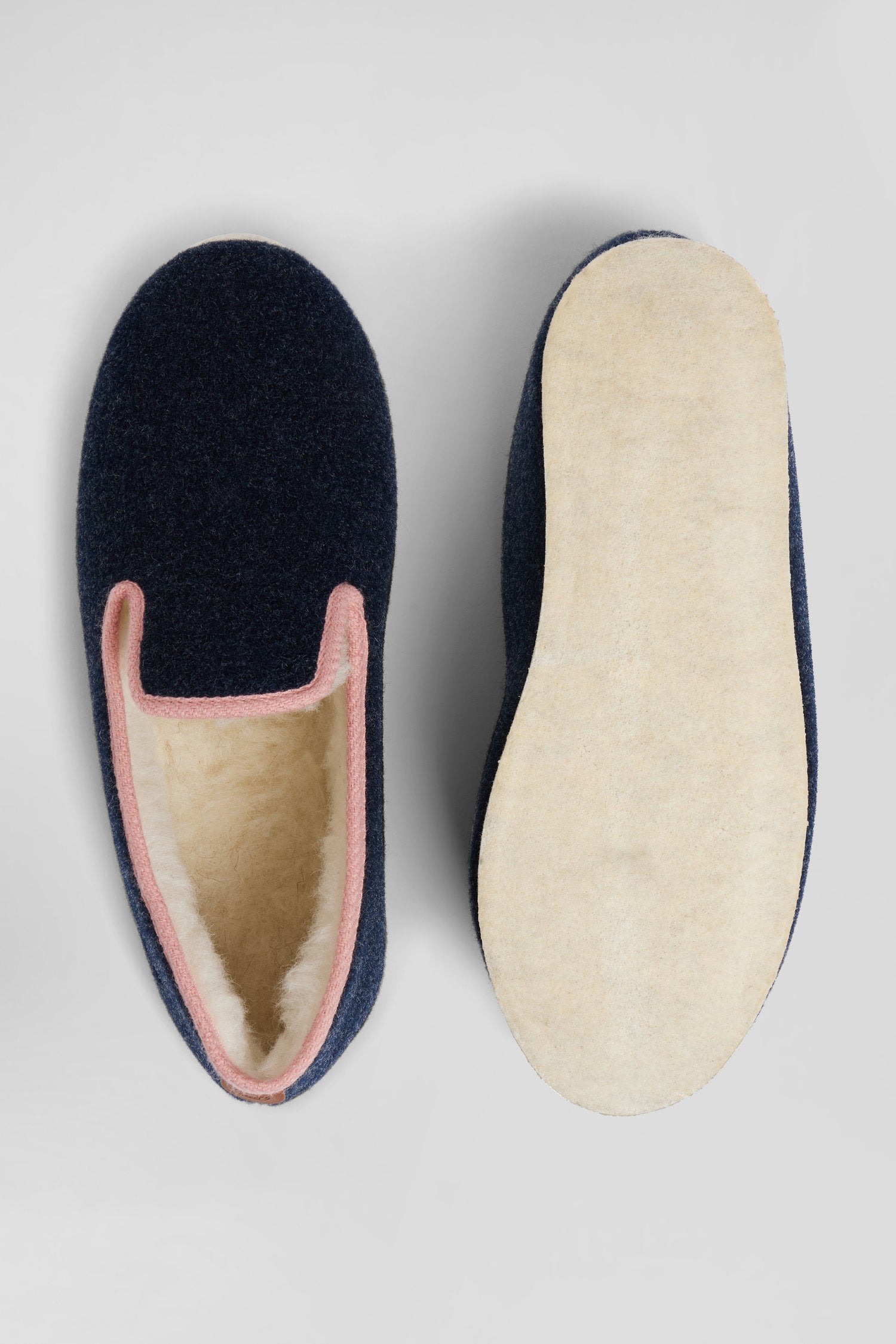 Navy blue felt and shearling slippers