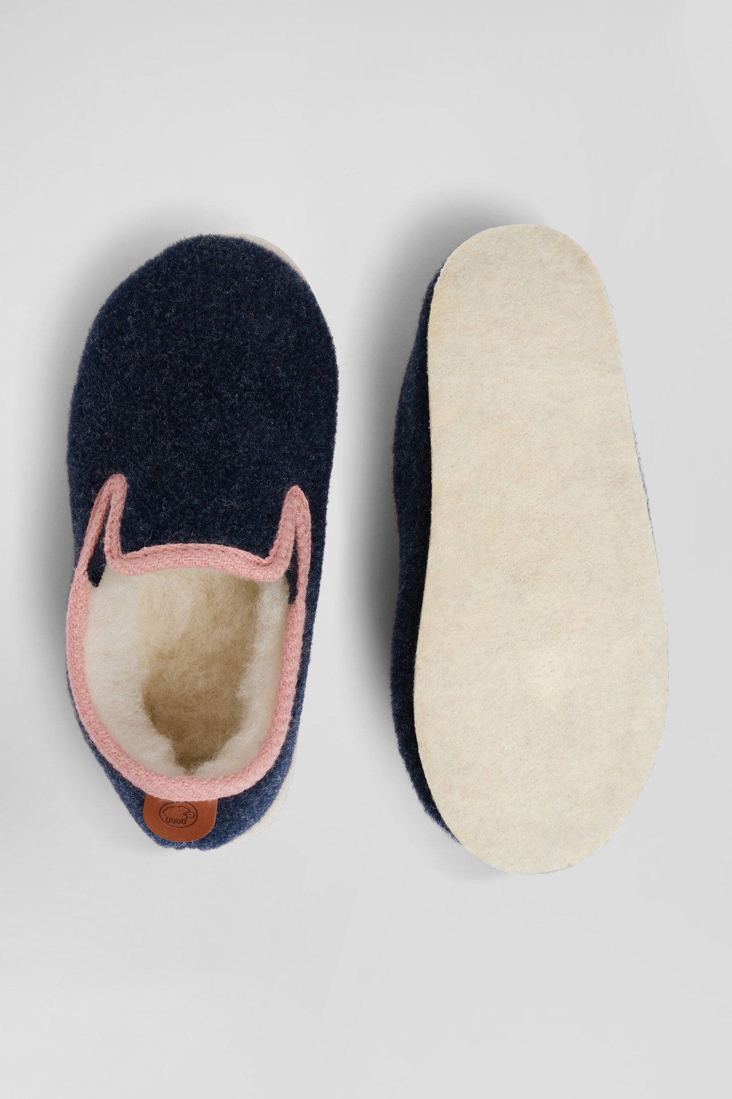 Kids navy blue felt and shearling slippers