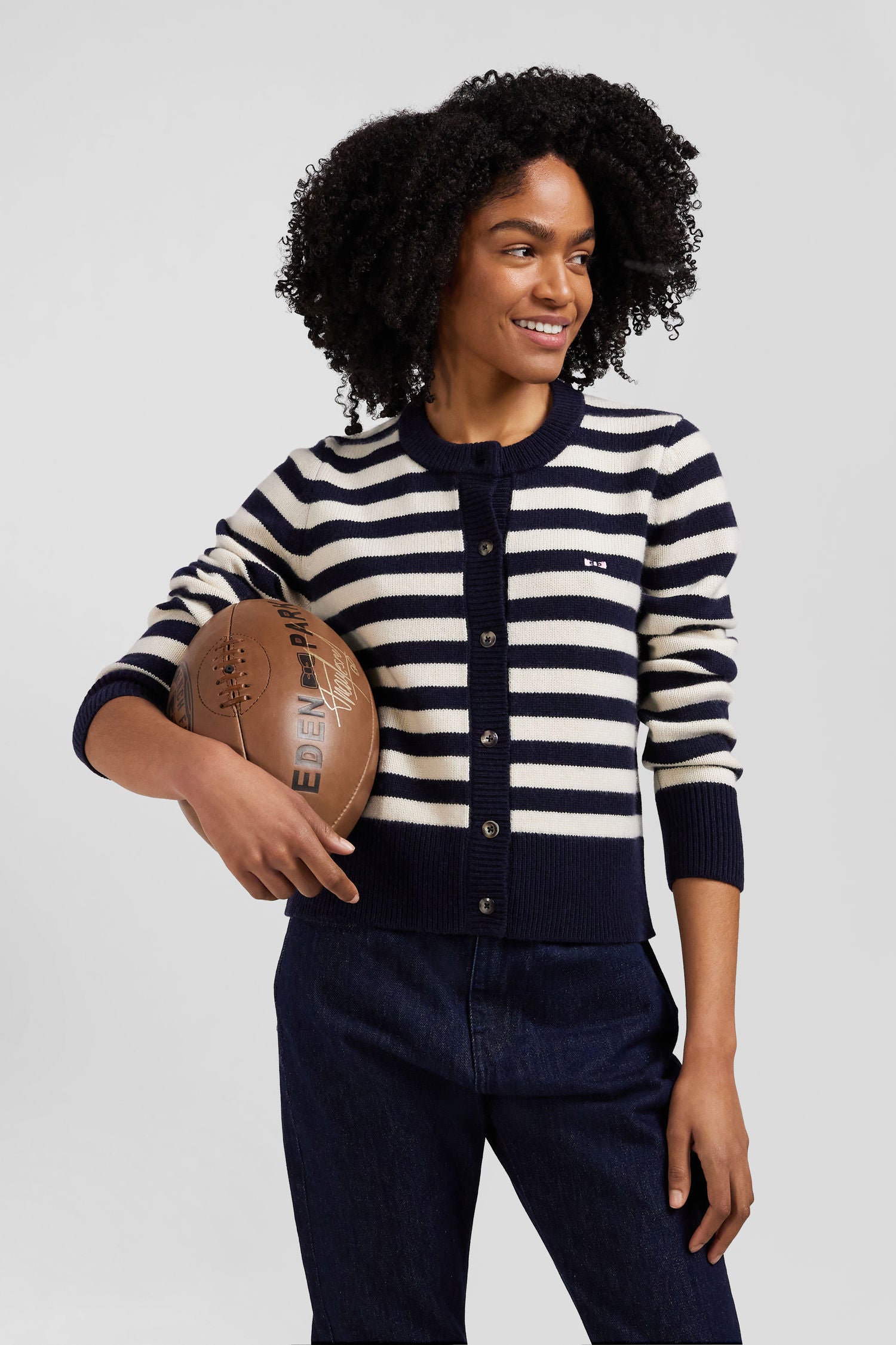 Regular navy blue and cashmere sailor striped cardigan