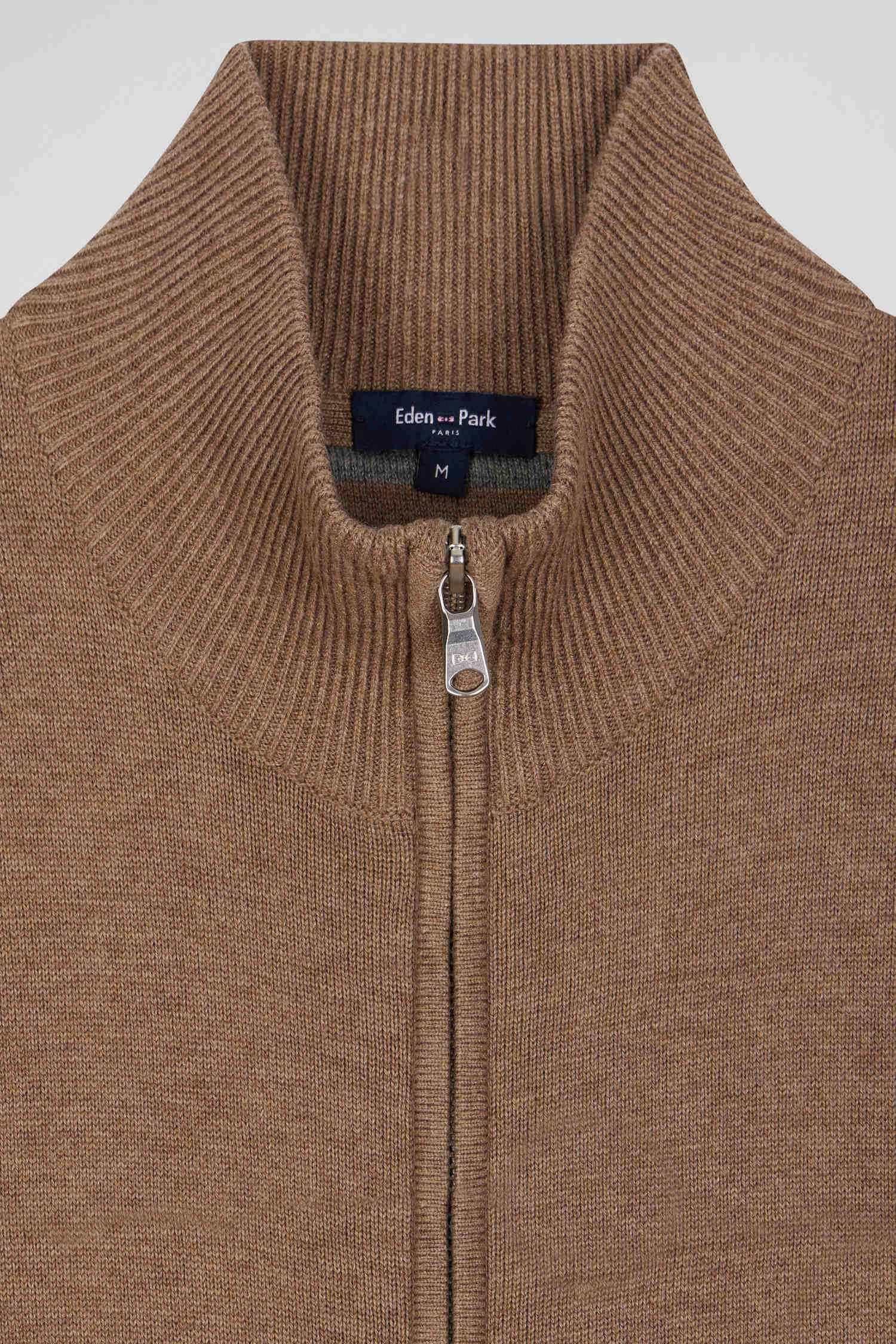 Cardigan zippé en laine et coton uni camel