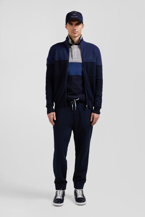 Cardigan zippé à col montant marine et bleu en coton - Image 1