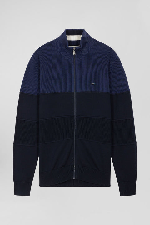 Cardigan zippé à col montant marine et bleu en coton - Image 2