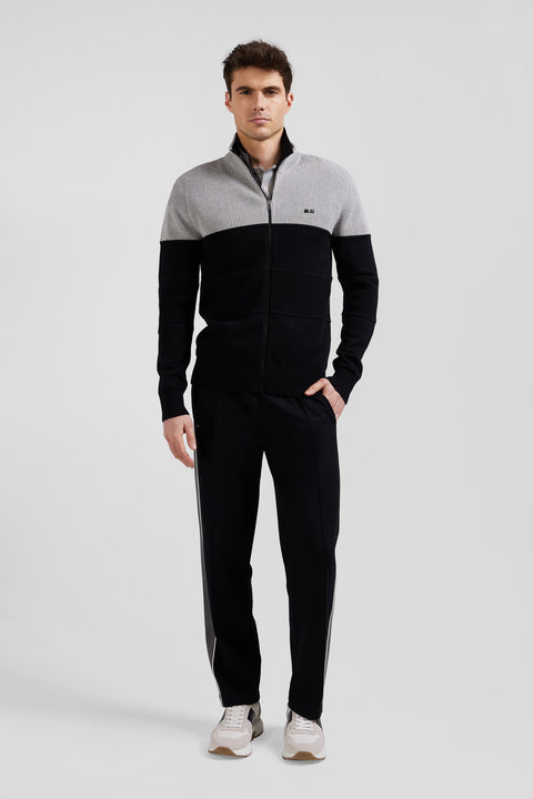 Regular navy blue and grey cotton high collar zipped cardigan - Image 1