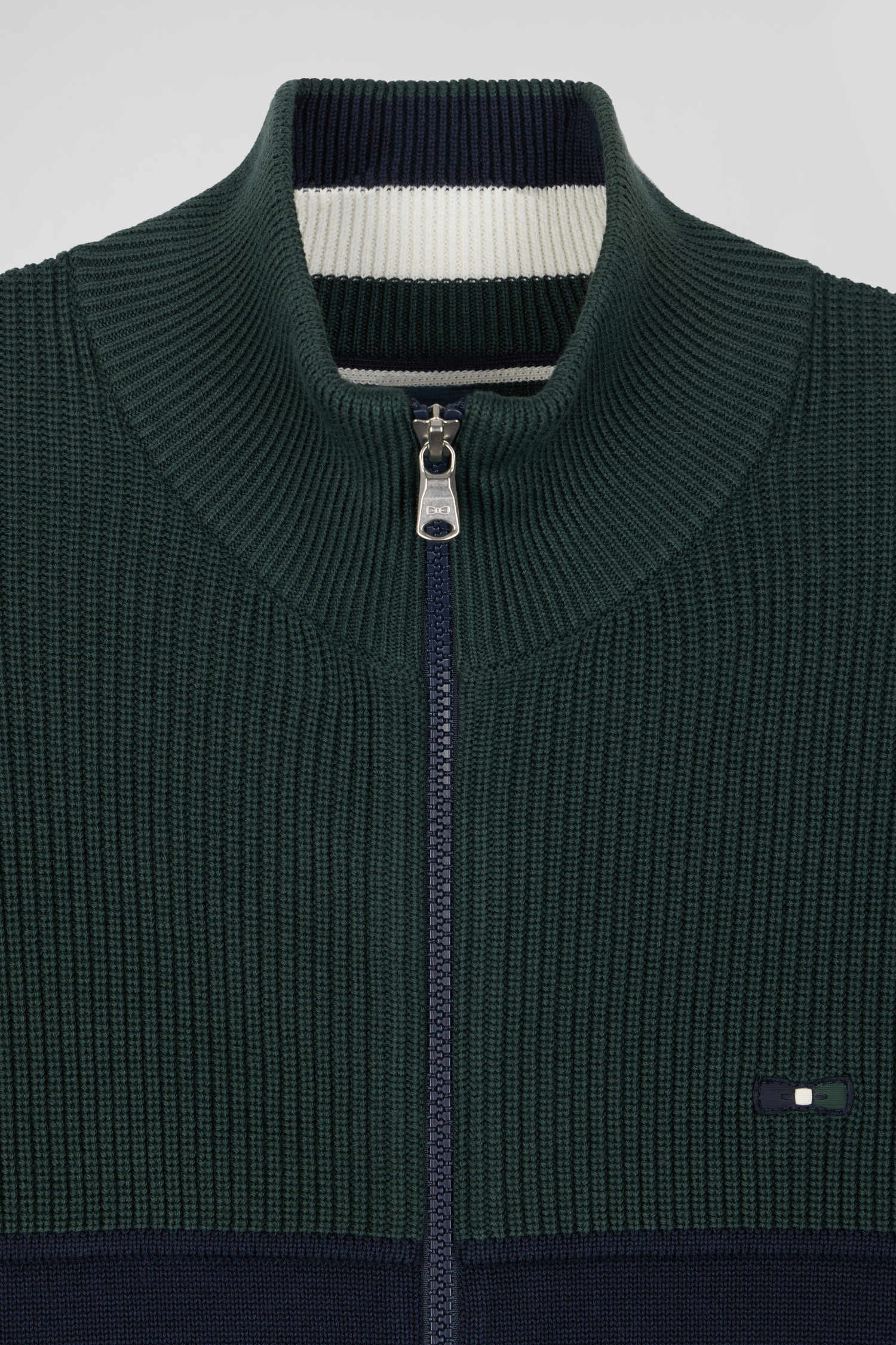 Cardigan zippé à col montant marine et vert en coton